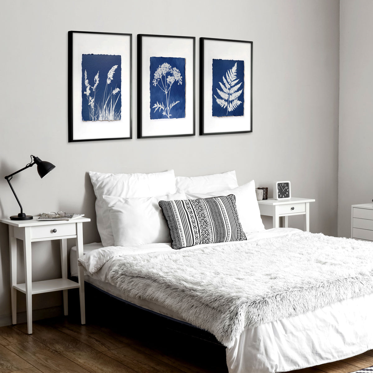Floral Art Wall Cyanotype Botanical Indigo & White Wildflower wall art displayed on a wall in a styled room — view 7