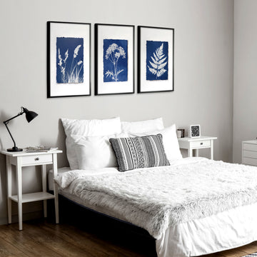 Floral Art Wall Cyanotype Botanical Indigo & White Wildflower wall art displayed on a wall in a styled room — view 7