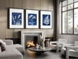 Floral Artwork Indigo Cyanotype Botanical Nature wall art displayed on a wall in a styled room