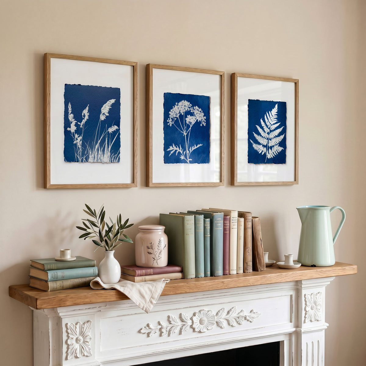 Floral Artwork Indigo Cyanotype Botanical Nature wall art displayed on a wall in a styled room — view 3