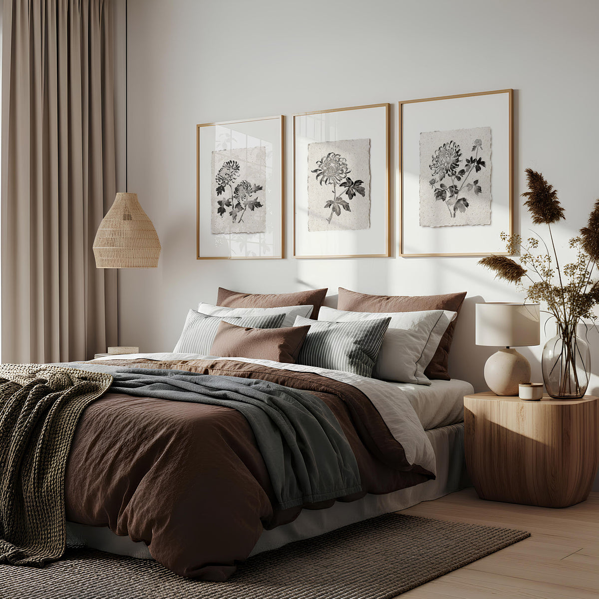 Floral wall art French Country Botanical Chrysanthemum Beige & Grey wall art displayed on a wall in a styled room — view 2