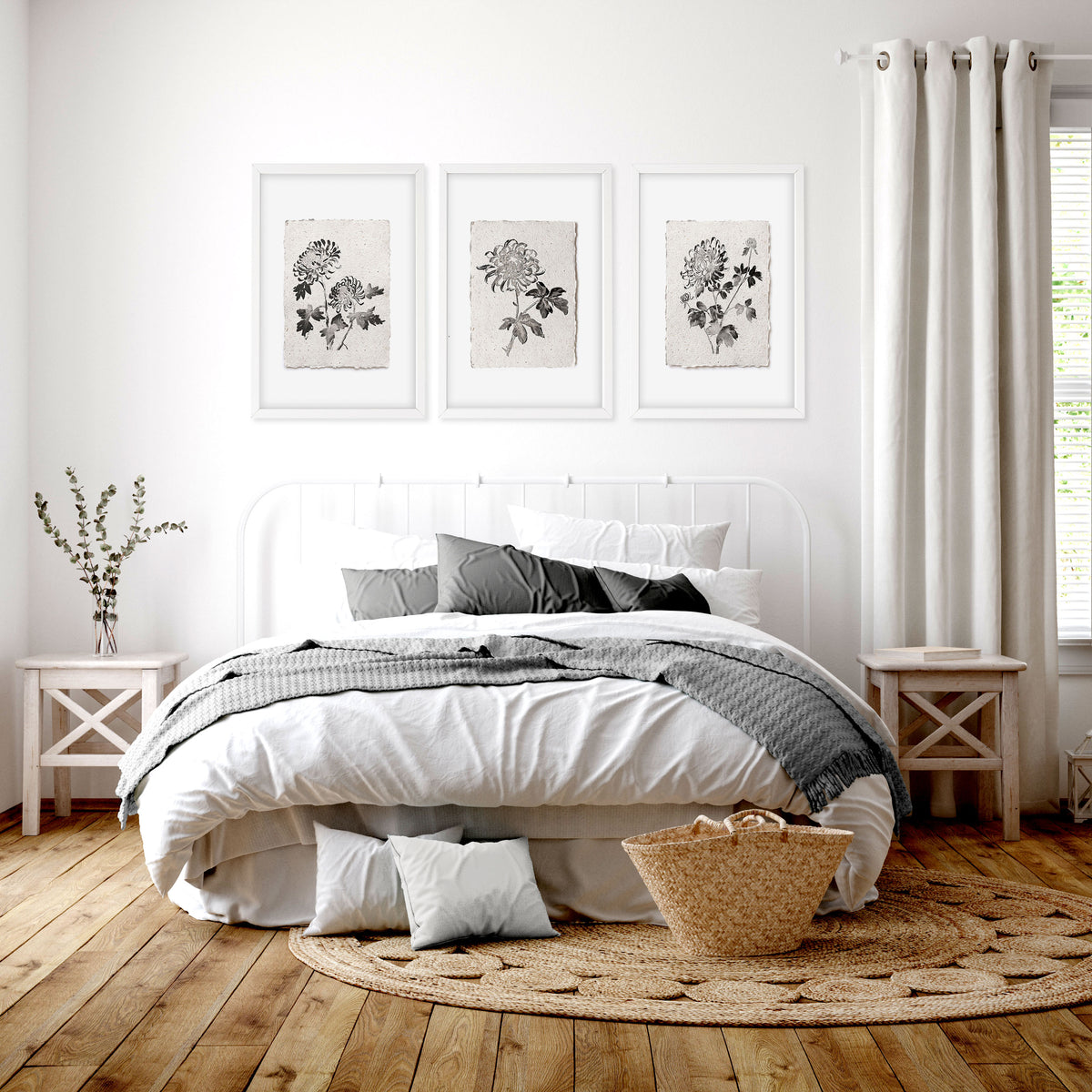 Floral wall art French Country Botanical Chrysanthemum Beige & Grey wall art displayed on a wall in a styled room — view 6