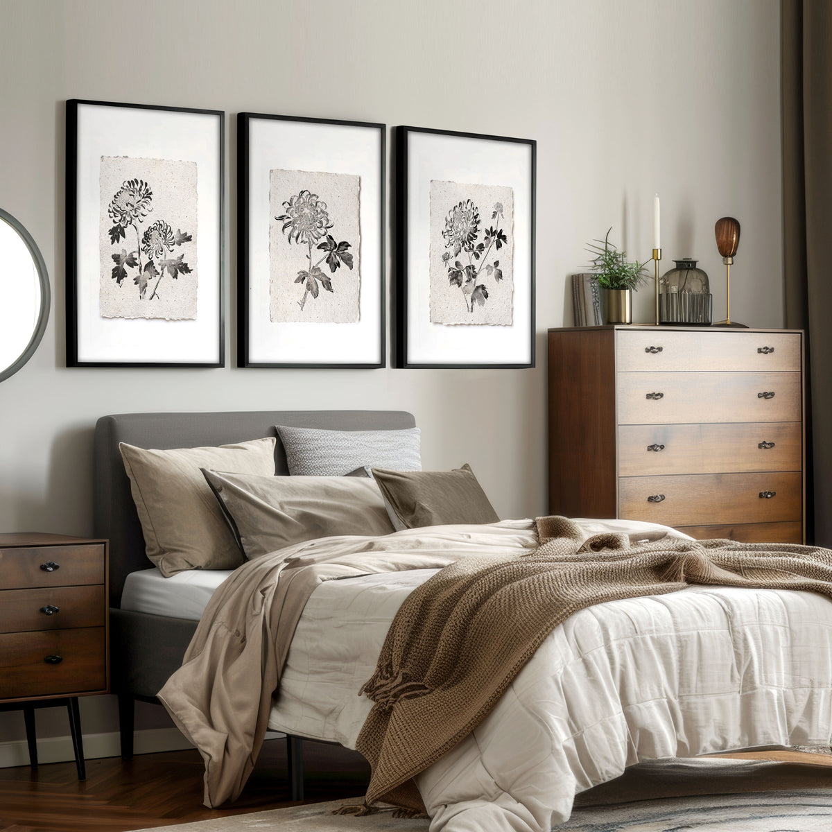 Floral wall art French Country Botanical Chrysanthemum Beige & Grey wall art displayed on a wall in a styled room — view 8