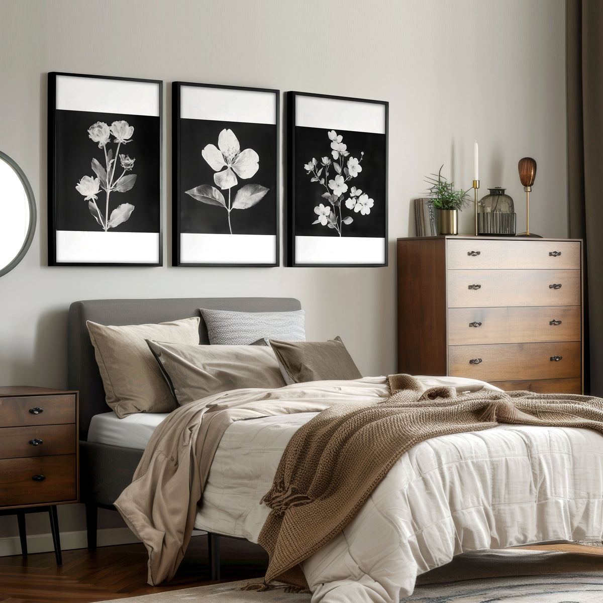 Floral Wall Art | Charcoal & White Botanical Botanical Prints | Set of 3