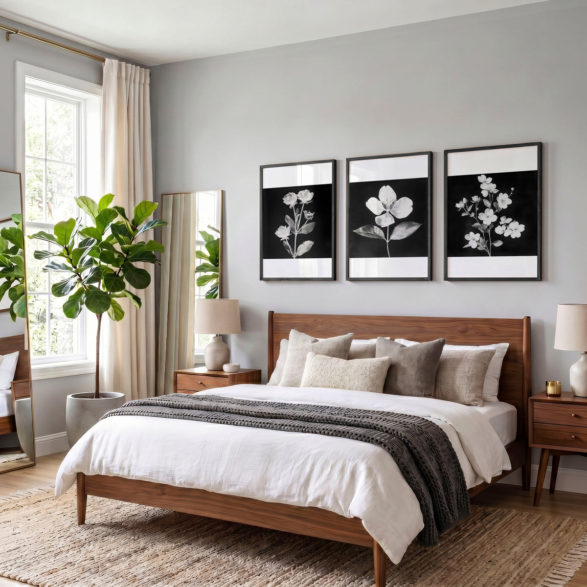 Floral Wall Art | Charcoal & White Botanical Botanical wall art displayed on a wall in a styled room
