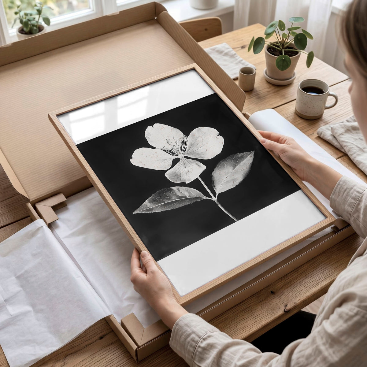 Floral Wall Art | Charcoal & White Botanical Botanical wall art displayed on a wall in a styled room — view 10