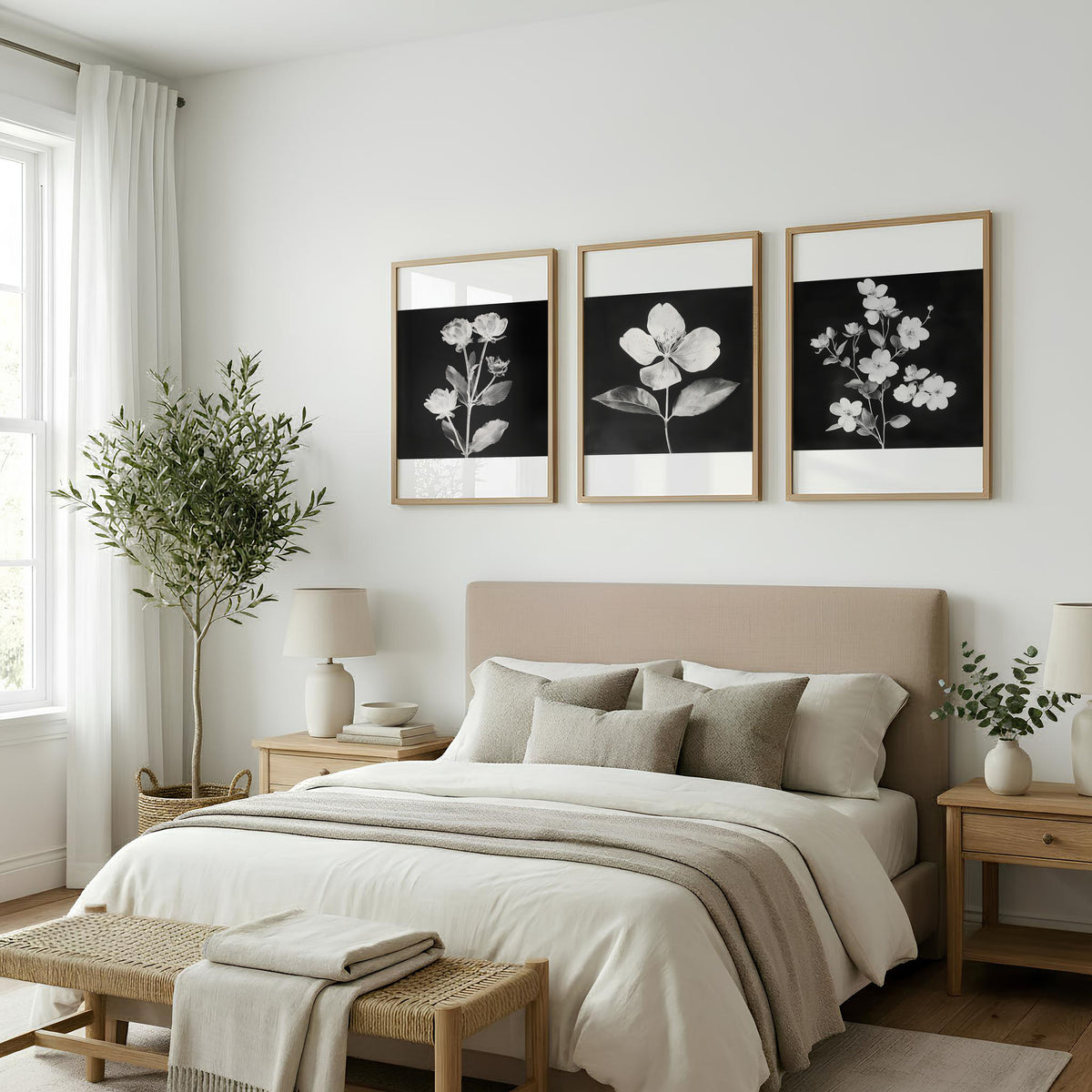 Floral Wall Art | Charcoal & White Botanical Botanical wall art displayed on a wall in a styled room — view 5