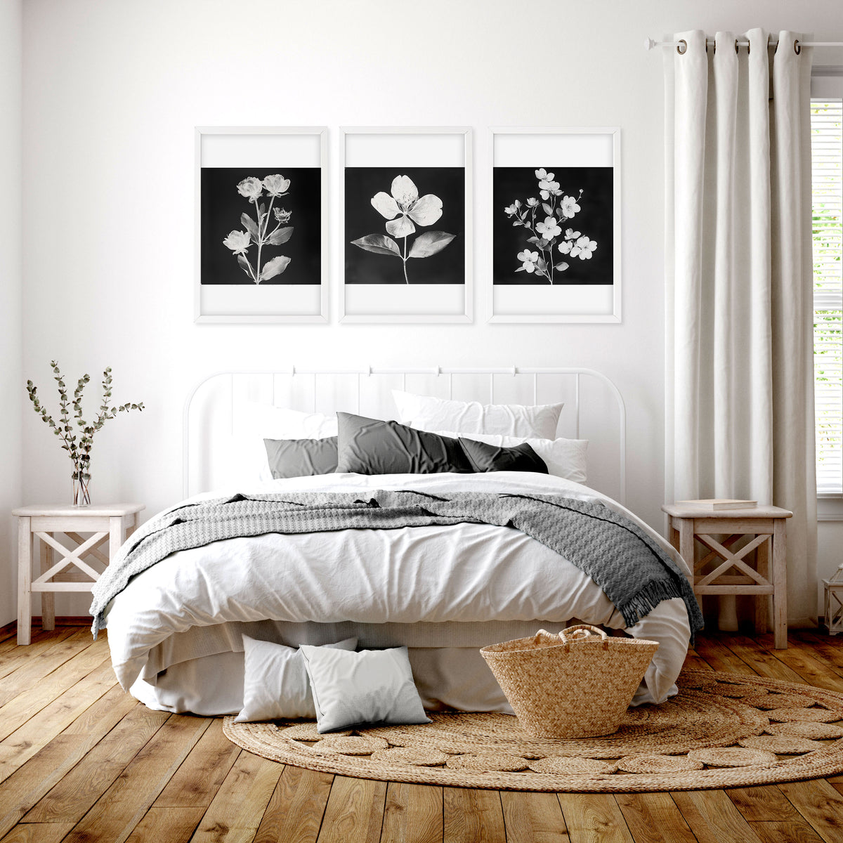 Floral Wall Art | Charcoal & White Botanical Botanical wall art displayed on a wall in a styled room — view 6