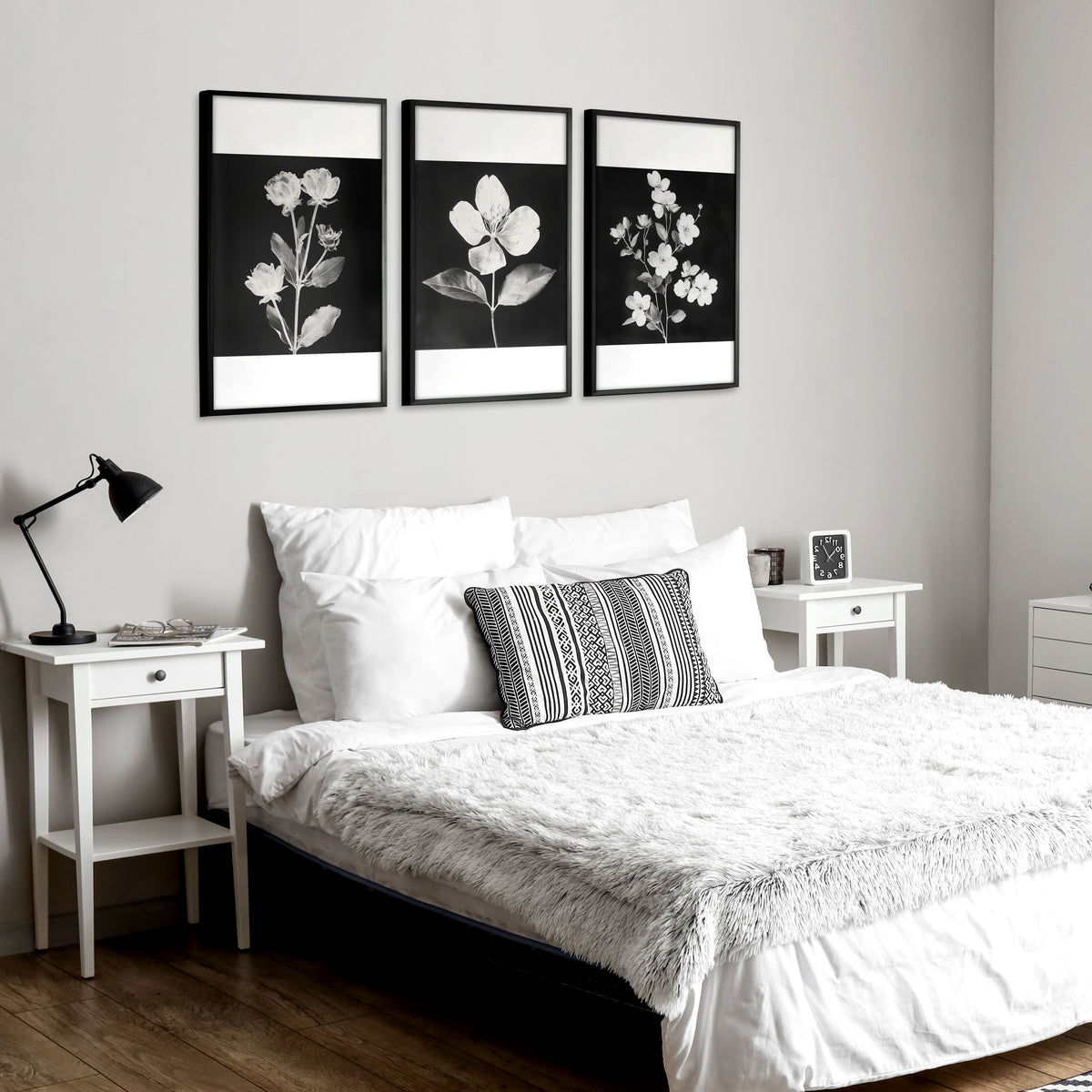 Floral Wall Art | Charcoal & White Botanical Botanical wall art displayed on a wall in a styled room — view 7
