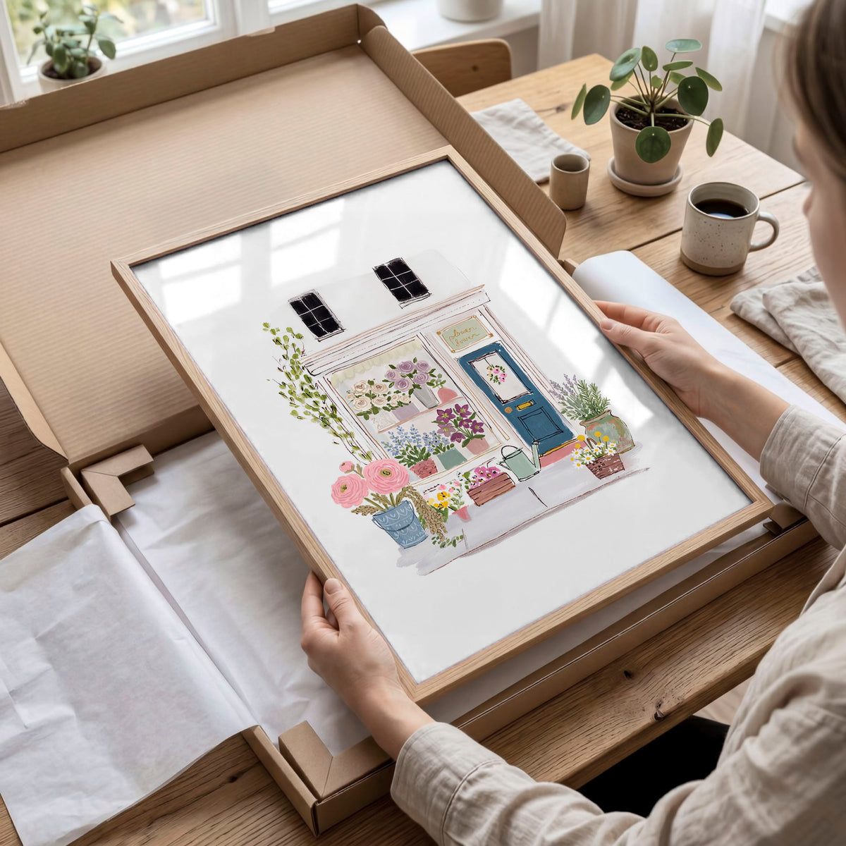Flower Art Watercolour Flower Shop Facades Blue Pink & White wall art displayed on a wall in a styled room — view 10
