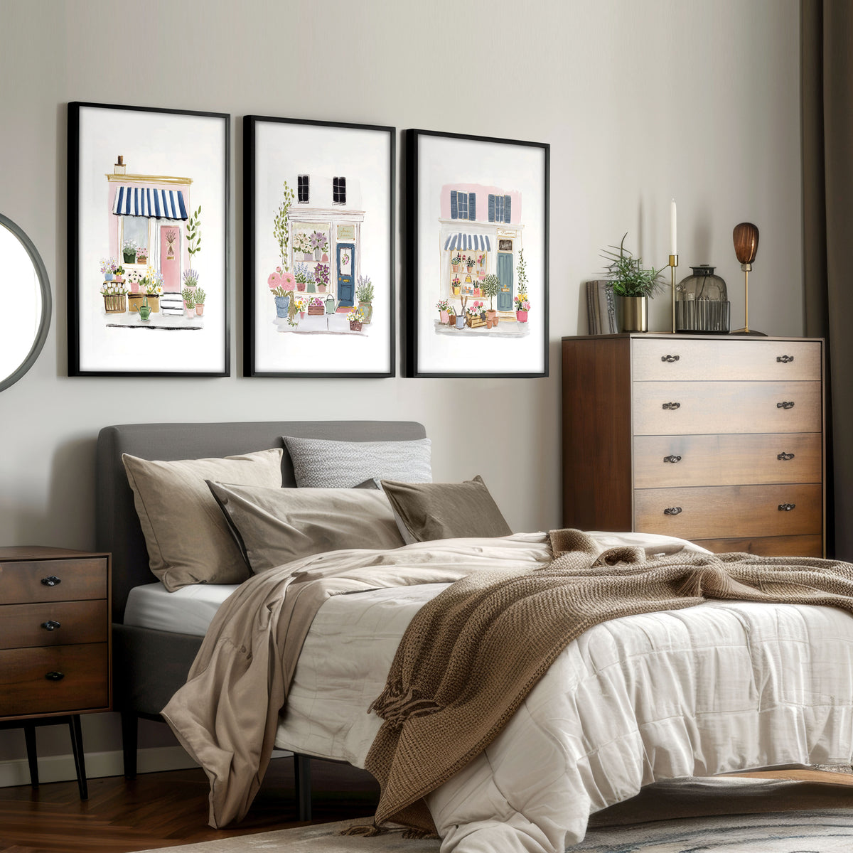 Flower Art Watercolour Flower Shop Facades Blue Pink & White wall art displayed on a wall in a styled room — view 8