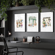 Flower Art Wall wall art | Cottage Flower Shop Illustrations in White & Green displayed on a wall in a styled room