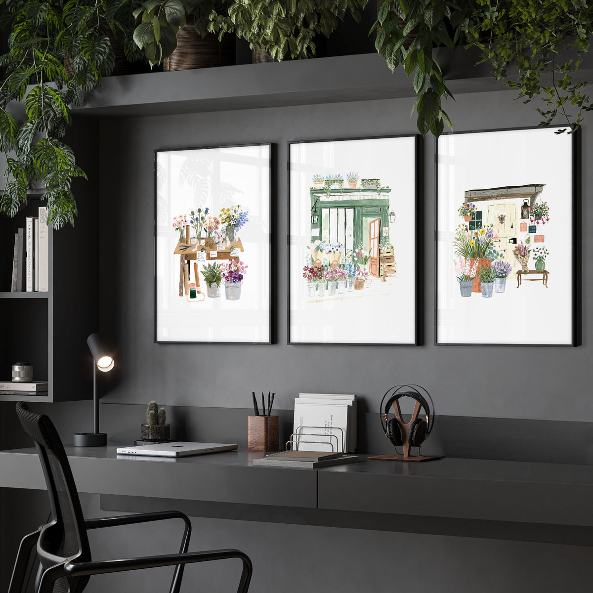 Flower Art Wall wall art | Cottage Flower Shop Illustrations in White & Green displayed on a wall in a styled room