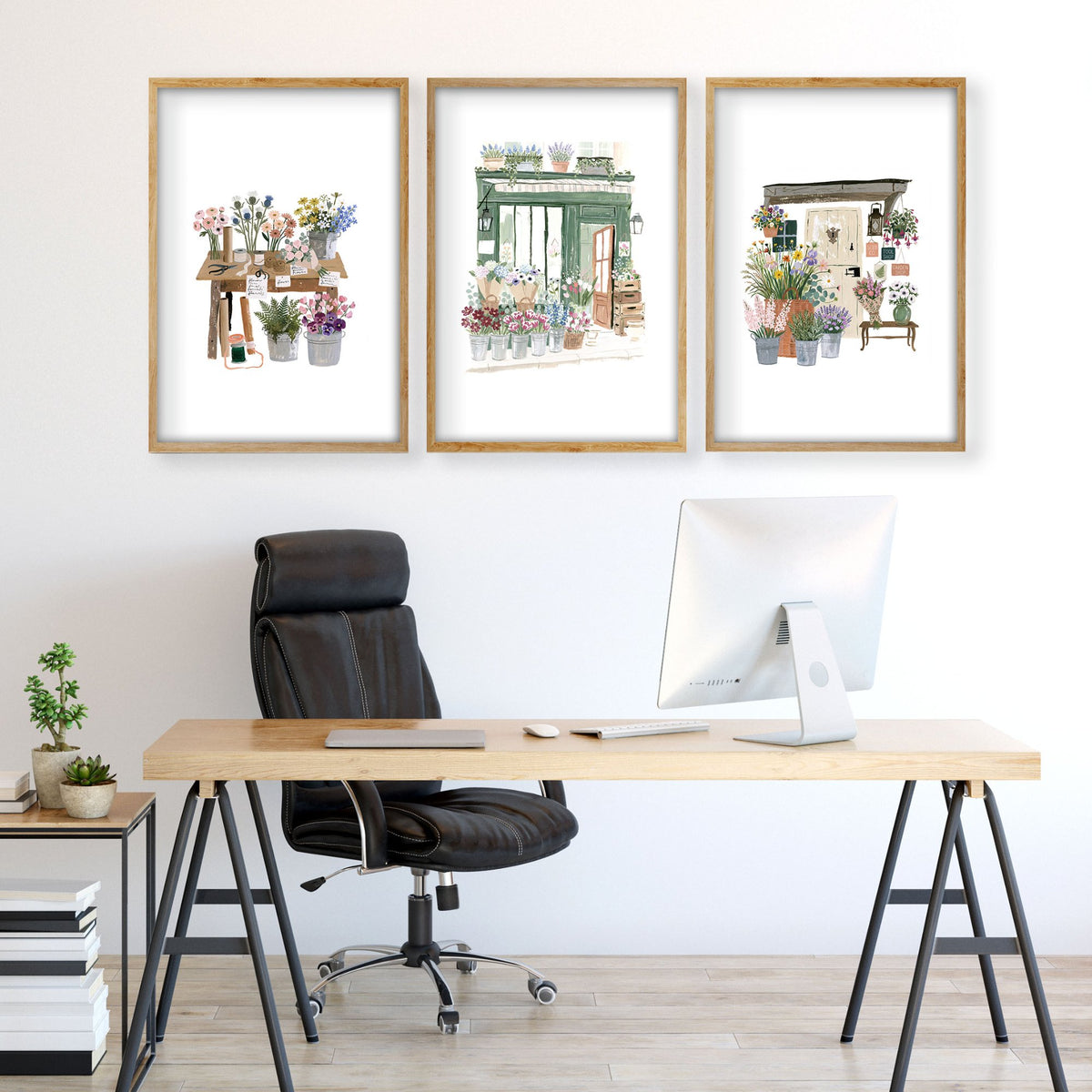 Flower Art Wall wall art | Cottage Flower Shop Illustrations in White & Green displayed on a wall in a styled room — view 2