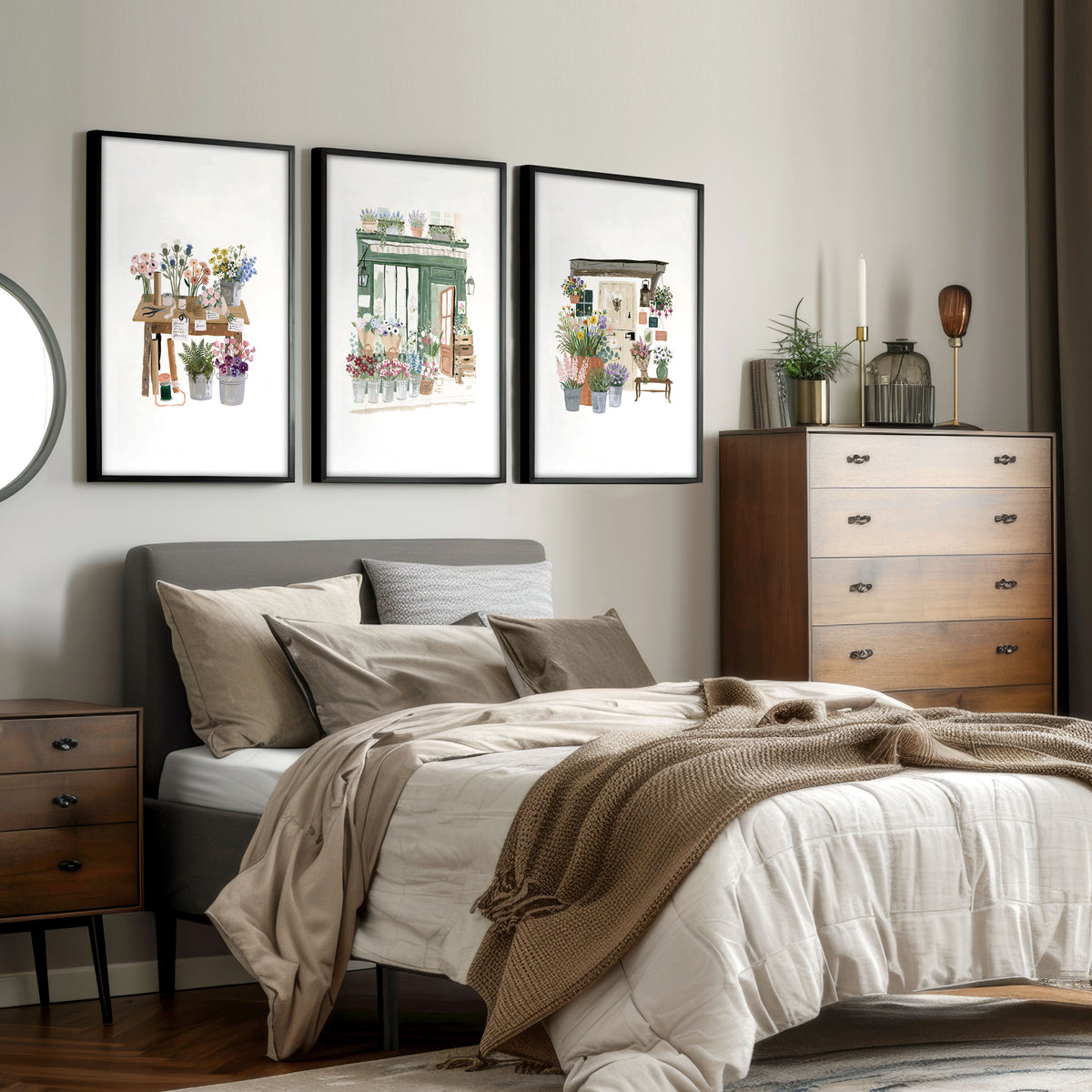 Flower wall art Cottage Flower Shop Watercolour Wall Art displayed on a wall in a styled room — view 9