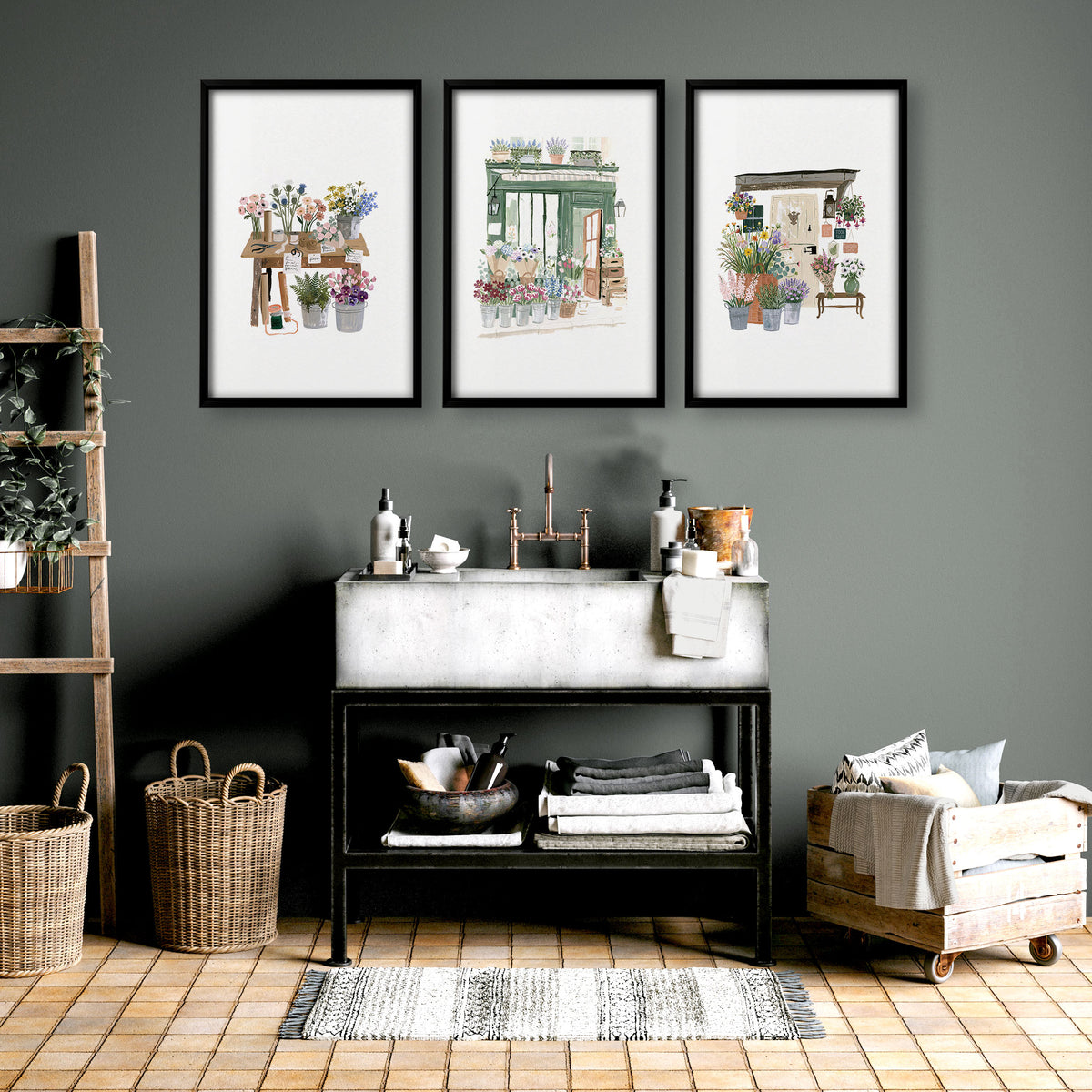 Flowers Art Botanical Flower Shop Watercolour wall art displayed on a wall in a styled room — view 10
