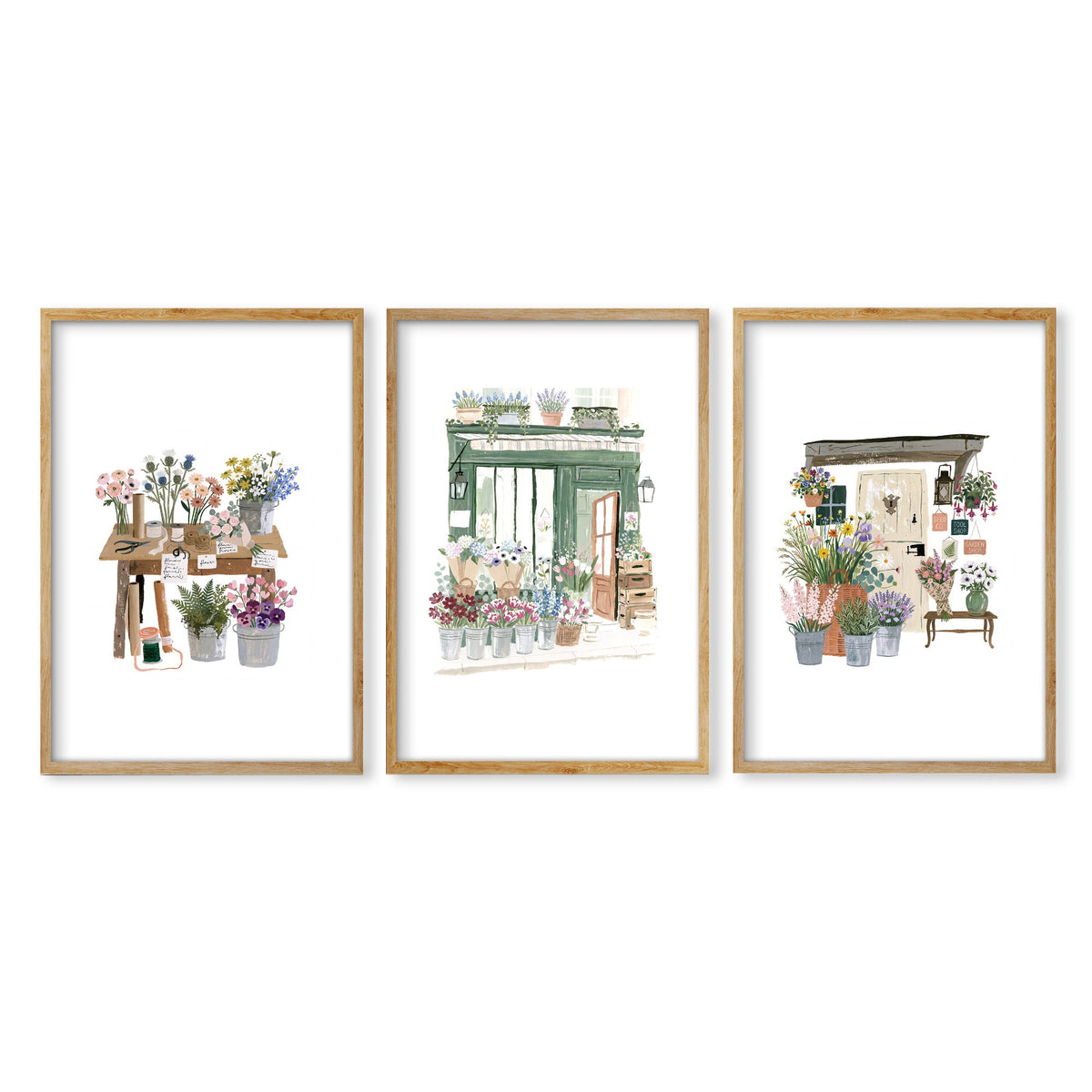 Flowers Art Botanical Flower Shop Watercolour wall art in an oak frame