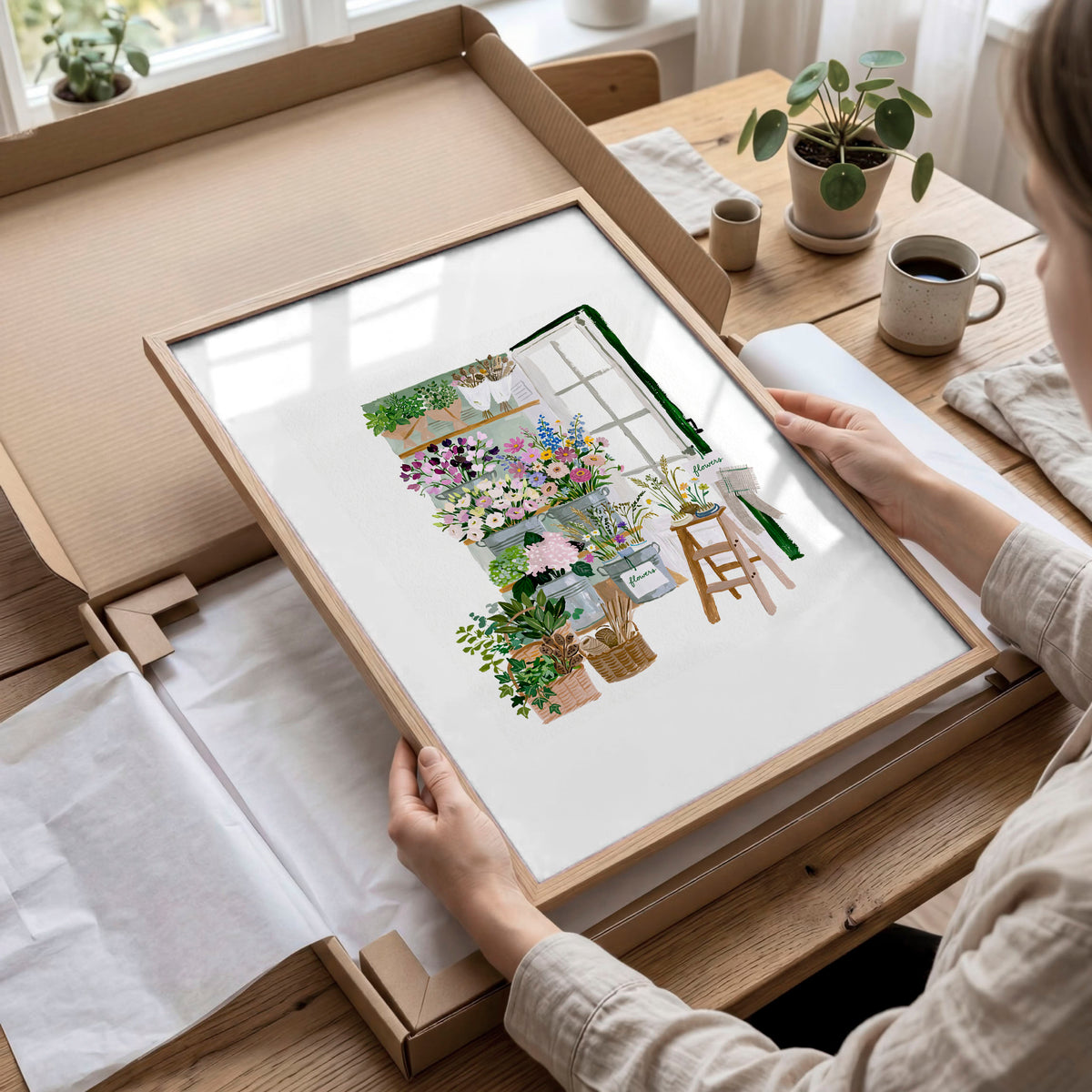 Flowers Artwork Botanical Flower Shop wall art displayed on a wall in a styled room — view 10