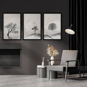 Forest Art Scandinavian Trees & Moon Landscape wall art displayed on a wall in a styled room — view 2
