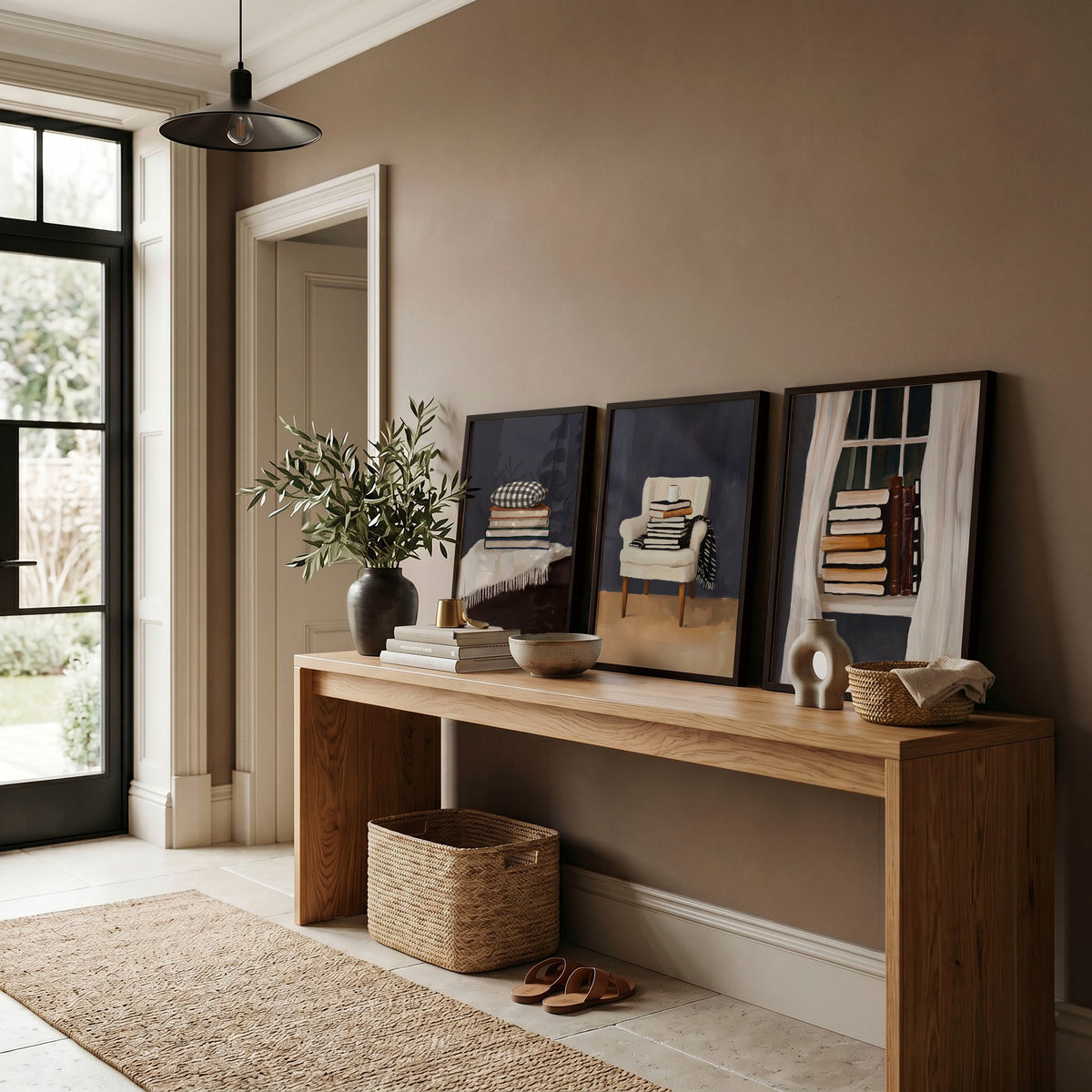 Framed 3 Piece Wall Art Bohemian Book Lover Reading Nook Grey Still Life displayed on a wall in a styled room — view 10