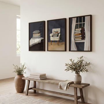 Framed 3 Piece Wall Art Bohemian Book Lover Reading Nook Grey Still Life displayed on a wall in a styled room — view 2