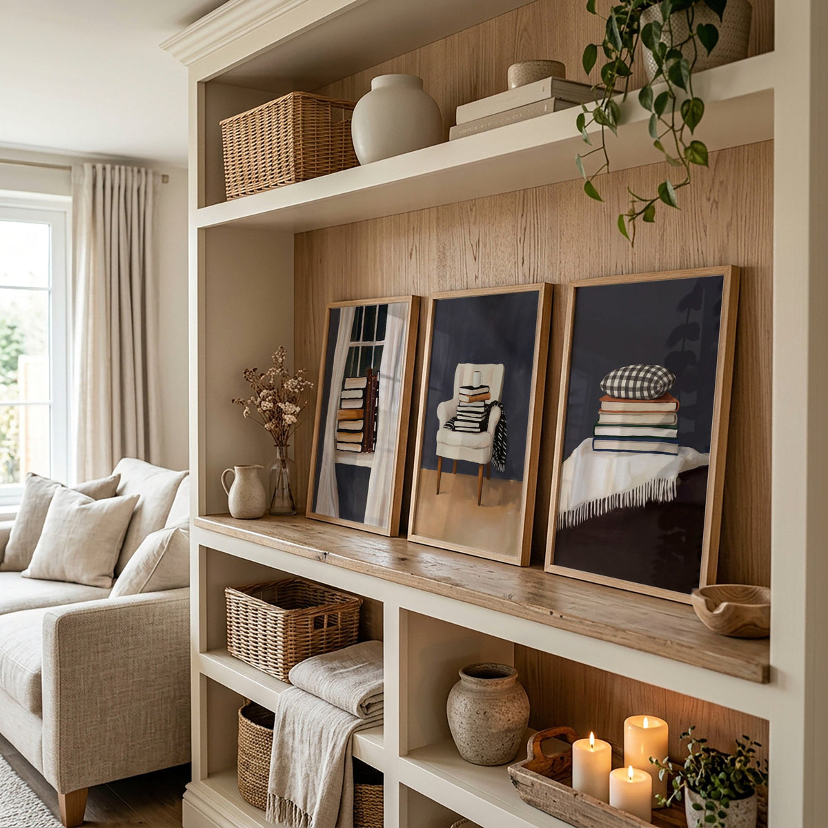 Framed 3 Piece Wall Art Bohemian Book Lover Reading Nook Grey Still Life displayed on a wall in a styled room — view 4