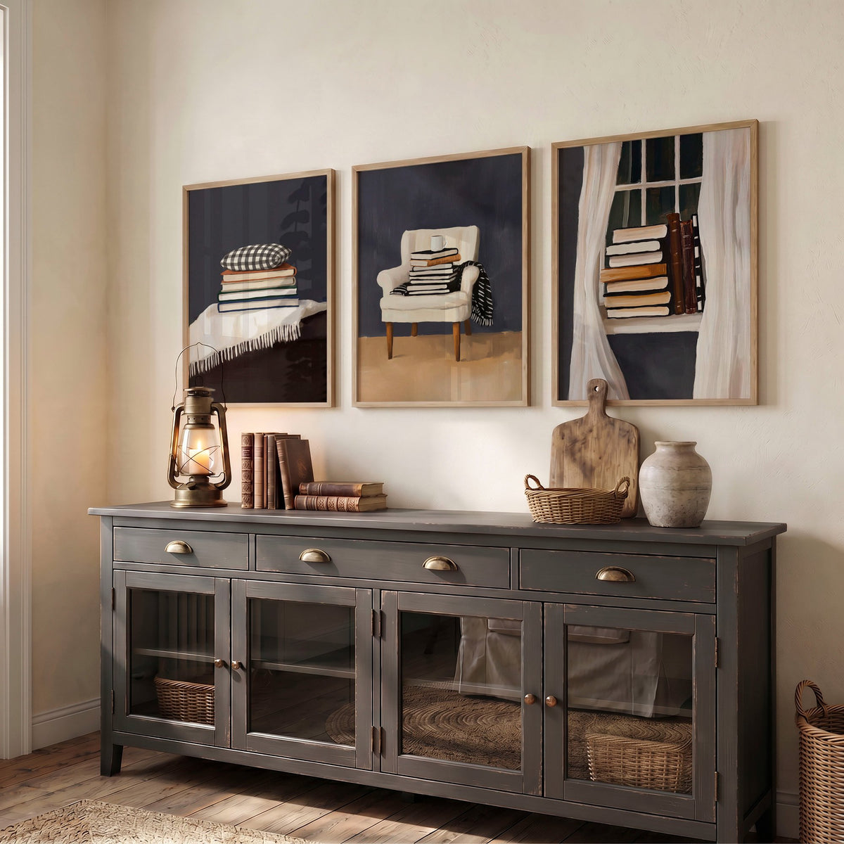 Framed 3 Piece Wall Art Bohemian Book Lover Reading Nook Grey Still Life displayed on a wall in a styled room — view 6