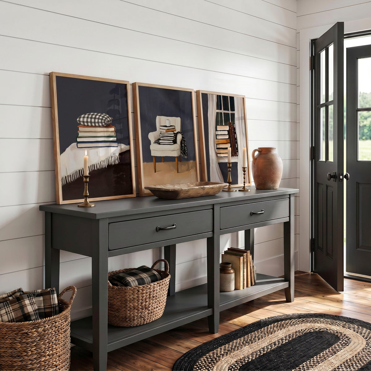 Framed 3 Piece Wall Art Bohemian Book Lover Reading Nook Grey Still Life displayed on a wall in a styled room — view 7