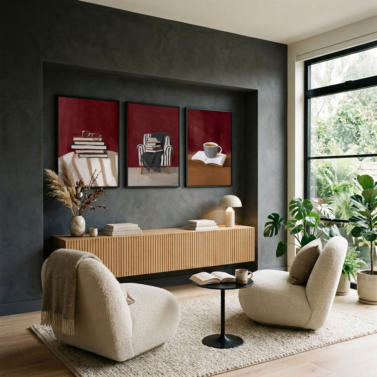 Framed Artwork for Living Room Bohemian Book Lover Burgundy Reading Nook wall art displayed on a wall in a styled room