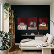 Framed Artwork for Living Room Bohemian Book Lover Burgundy Reading Nook wall art displayed on a wall in a styled room — view 2