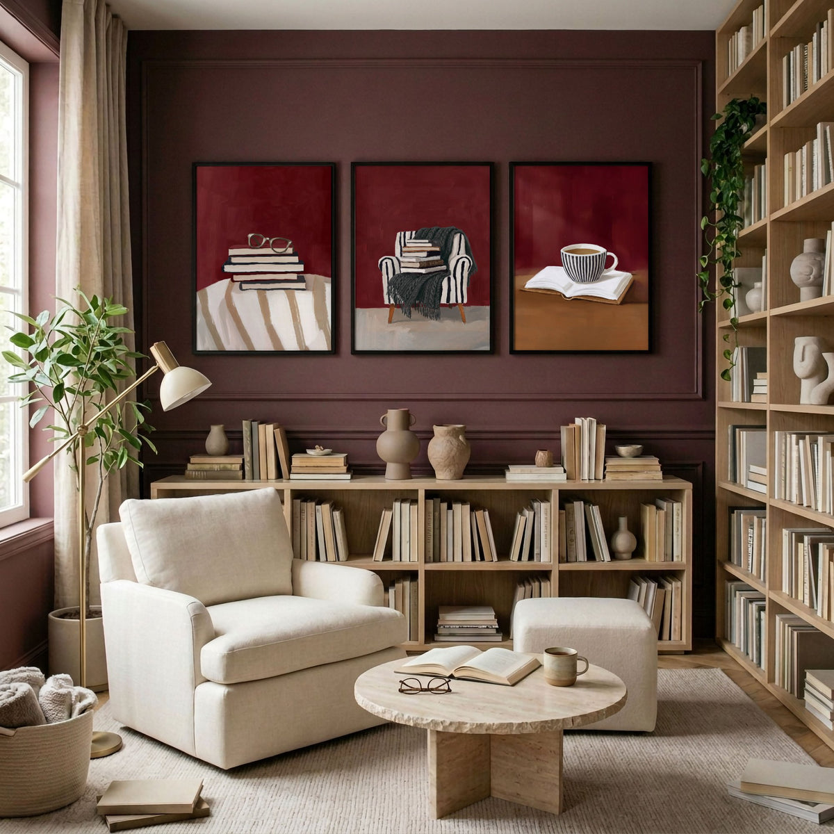 Framed Artwork for Living Room Bohemian Book Lover Burgundy Reading Nook wall art displayed on a wall in a styled room — view 3