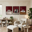 Framed Artwork for Living Room Bohemian Book Lover Burgundy Reading Nook wall art displayed on a wall in a styled room — view 4
