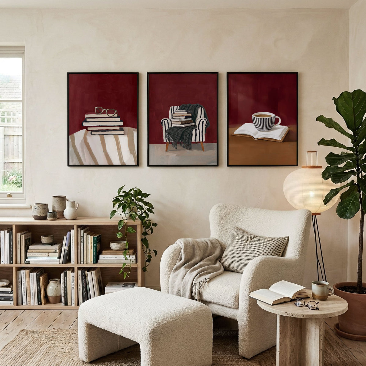 Framed Artwork for Living Room Bohemian Book Lover Burgundy Reading Nook wall art displayed on a wall in a styled room — view 4