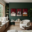 Framed Artwork for Living Room Bohemian Book Lover Burgundy Reading Nook wall art displayed on a wall in a styled room — view 6