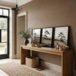 Framed Asian Wall Art Japanese Ink Bonsai Pine Trees on Rolling Hills displayed on a wall in a styled room — view 10