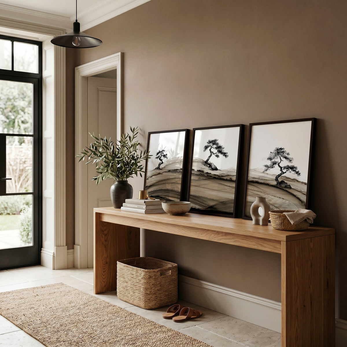 Framed Asian Wall Art Japanese Ink Bonsai Pine Trees on Rolling Hills displayed on a wall in a styled room — view 10