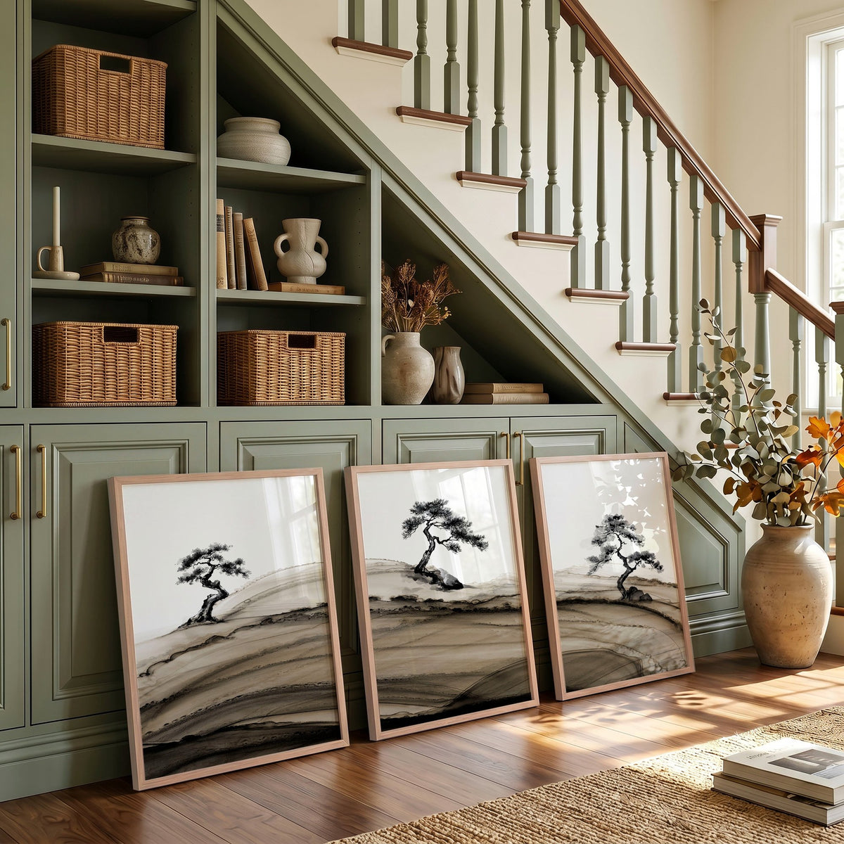 Framed Asian Wall Art Japanese Ink Bonsai Pine Trees on Rolling Hills displayed on a wall in a styled room — view 3