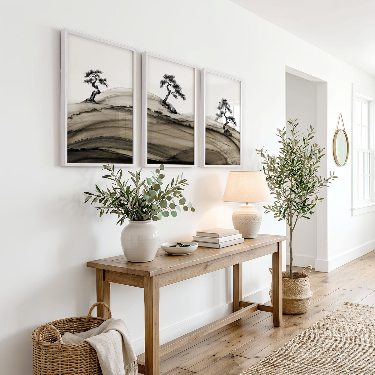 Framed Asian Wall Art Japanese Ink Bonsai Pine Trees on Rolling Hills displayed on a wall in a styled room — view 5