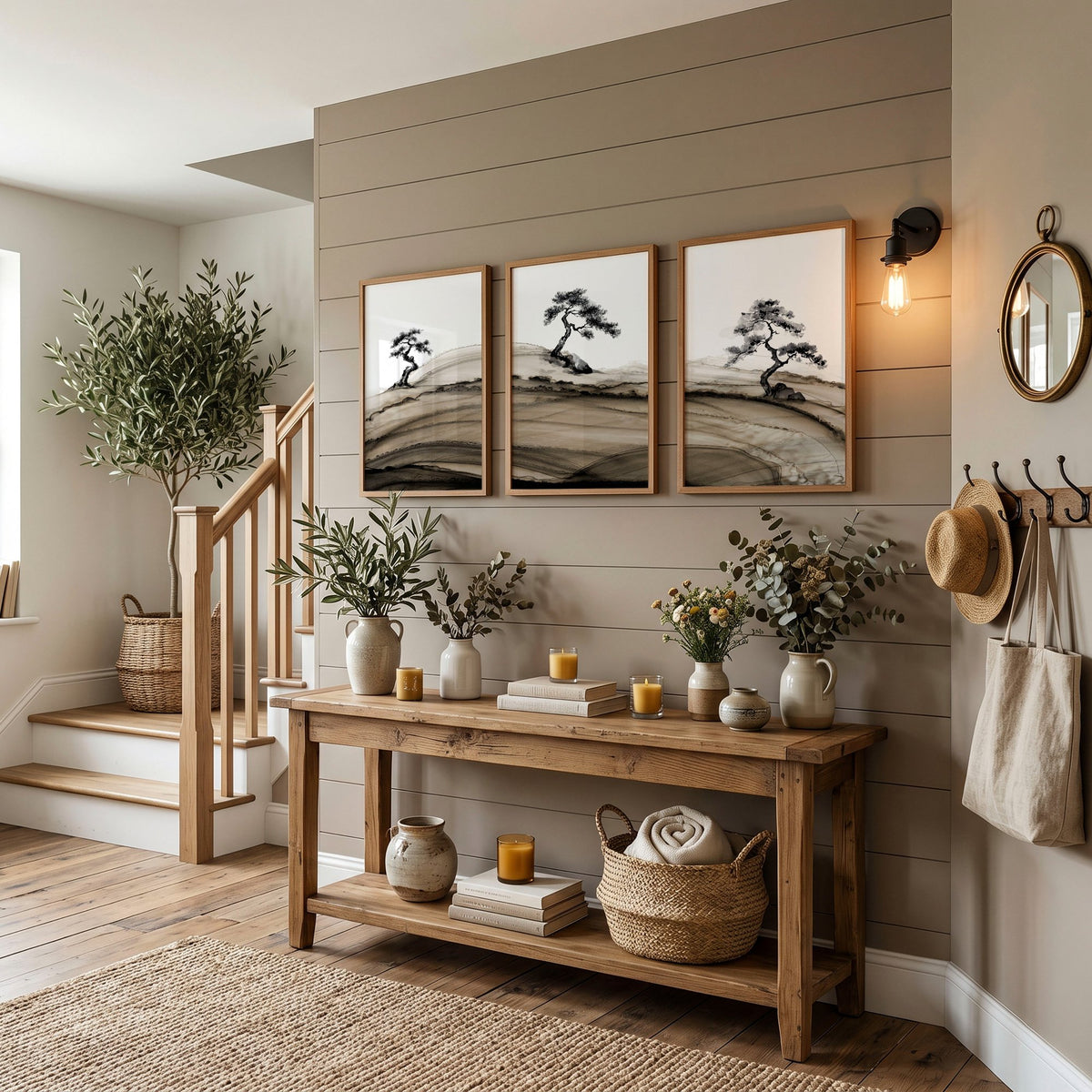 Framed Asian Wall Art Japanese Ink Bonsai Pine Trees on Rolling Hills displayed on a wall in a styled room — view 8