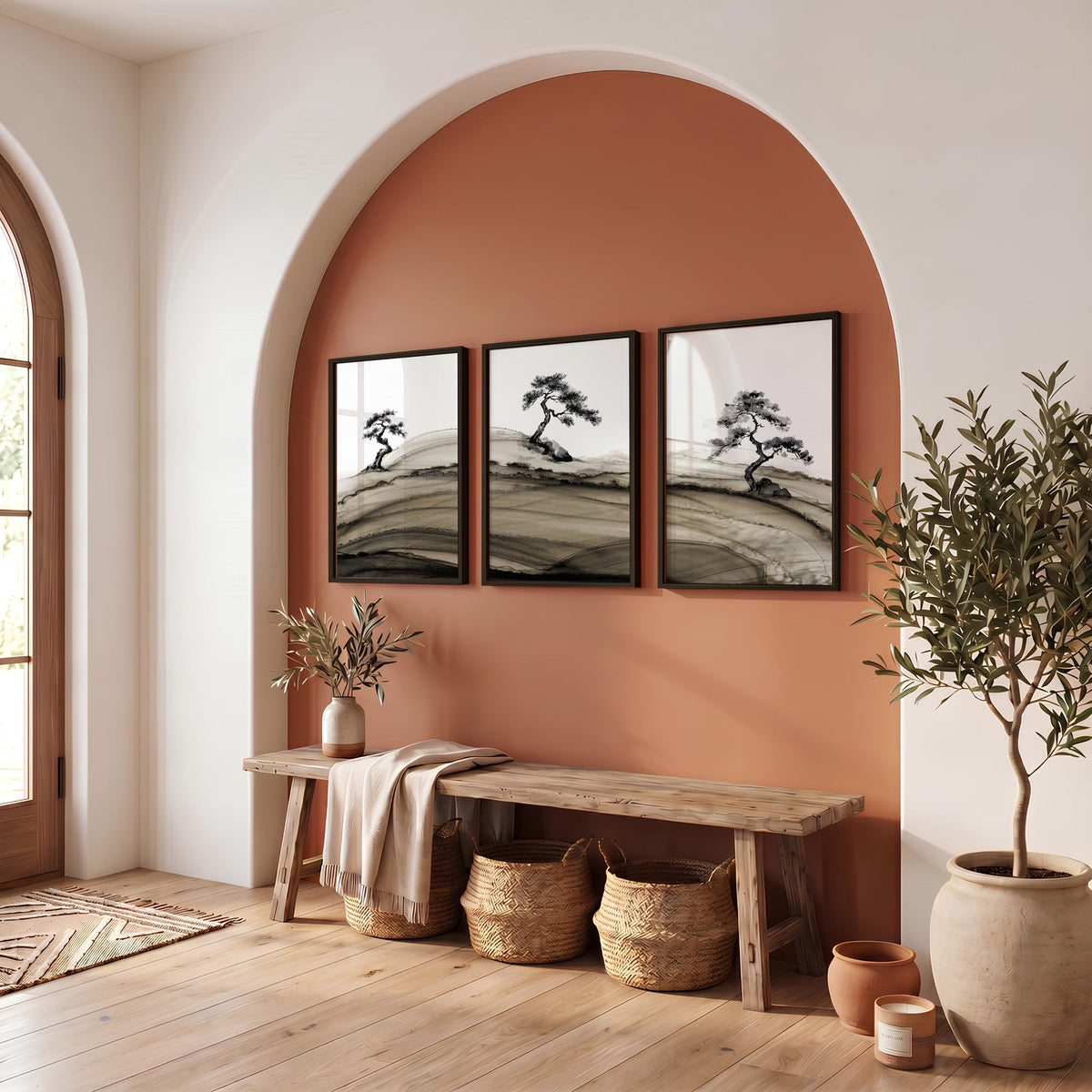 Framed Asian Wall Art Japanese Ink Bonsai Pine Trees on Rolling Hills displayed on a wall in a styled room — view 9
