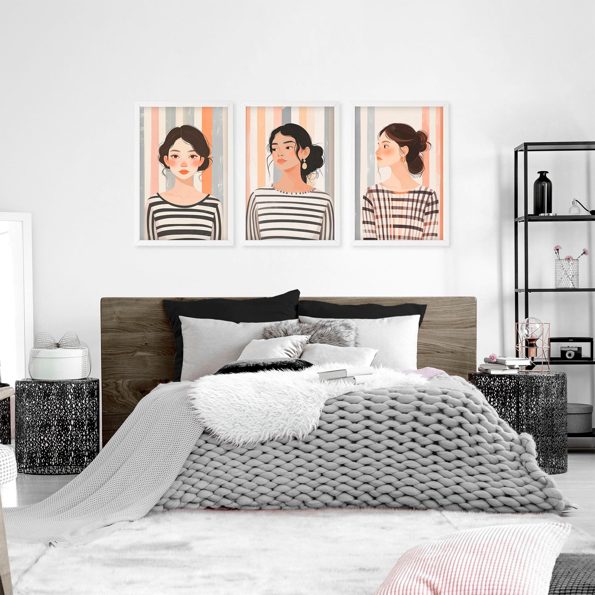 Framed Bedroom Wall Art | Set of 3 Boho Women Wall art Prints
