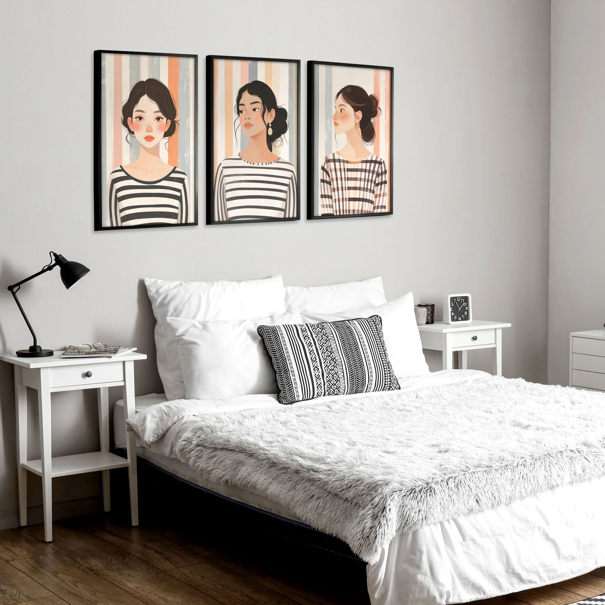 Framed Bedroom Wall Art | Set of 3 Boho Women Wall art Prints