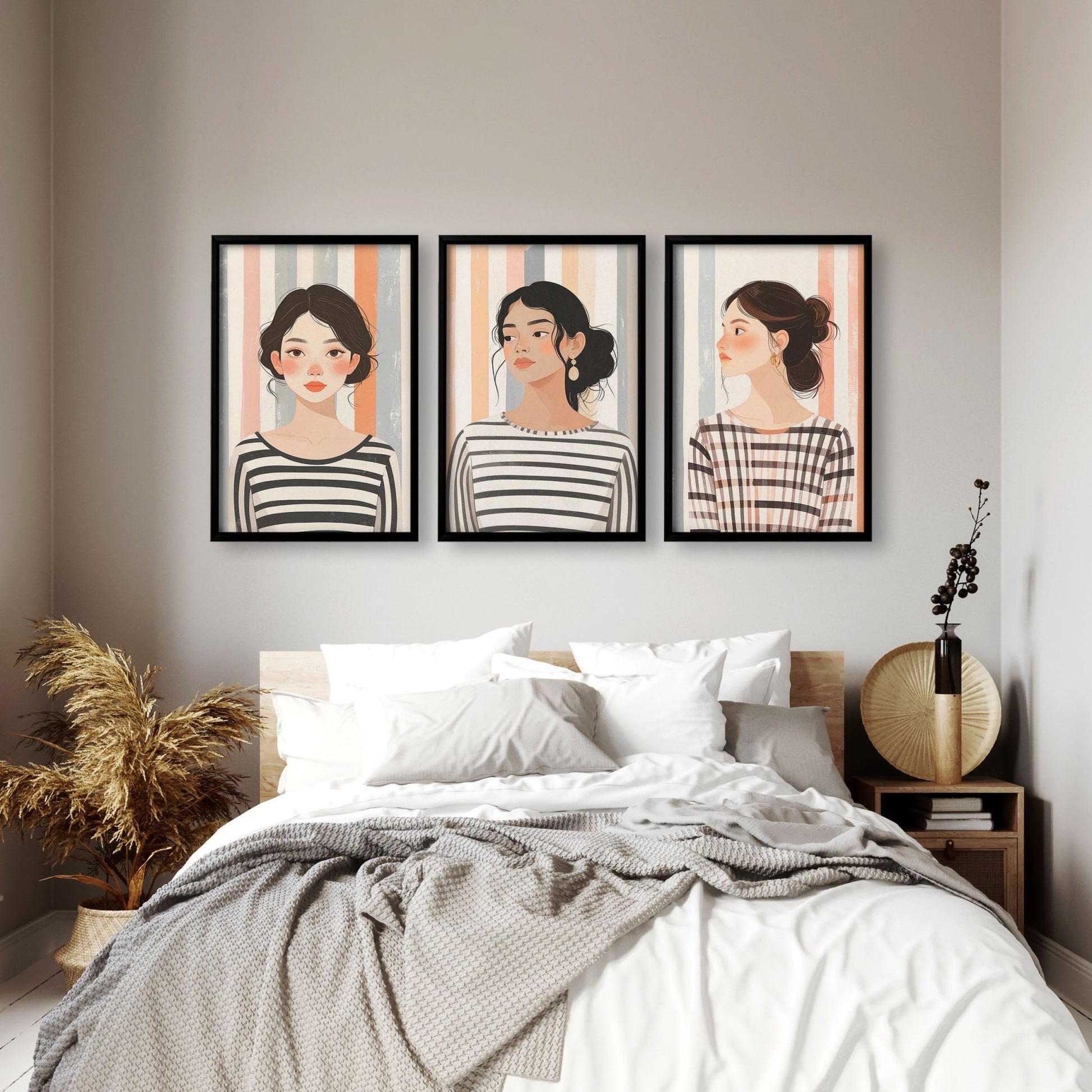 Framed Bedroom Wall Art | Set of 3 Boho Women Wall art Prints
