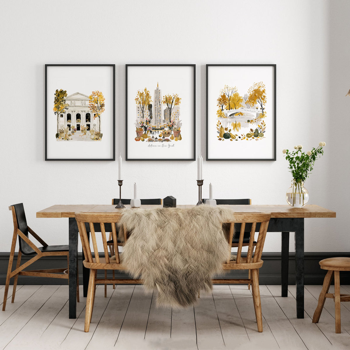 Framed Dining Room Wall Art "Autumn in New York" NYC Travel Watercolour Beige & Ochre displayed on a wall in a styled room