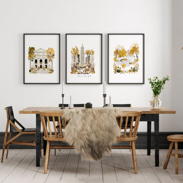 Framed Dining Room Wall Art "Autumn in New York" NYC Travel Watercolour Beige & Ochre displayed on a wall in a styled room