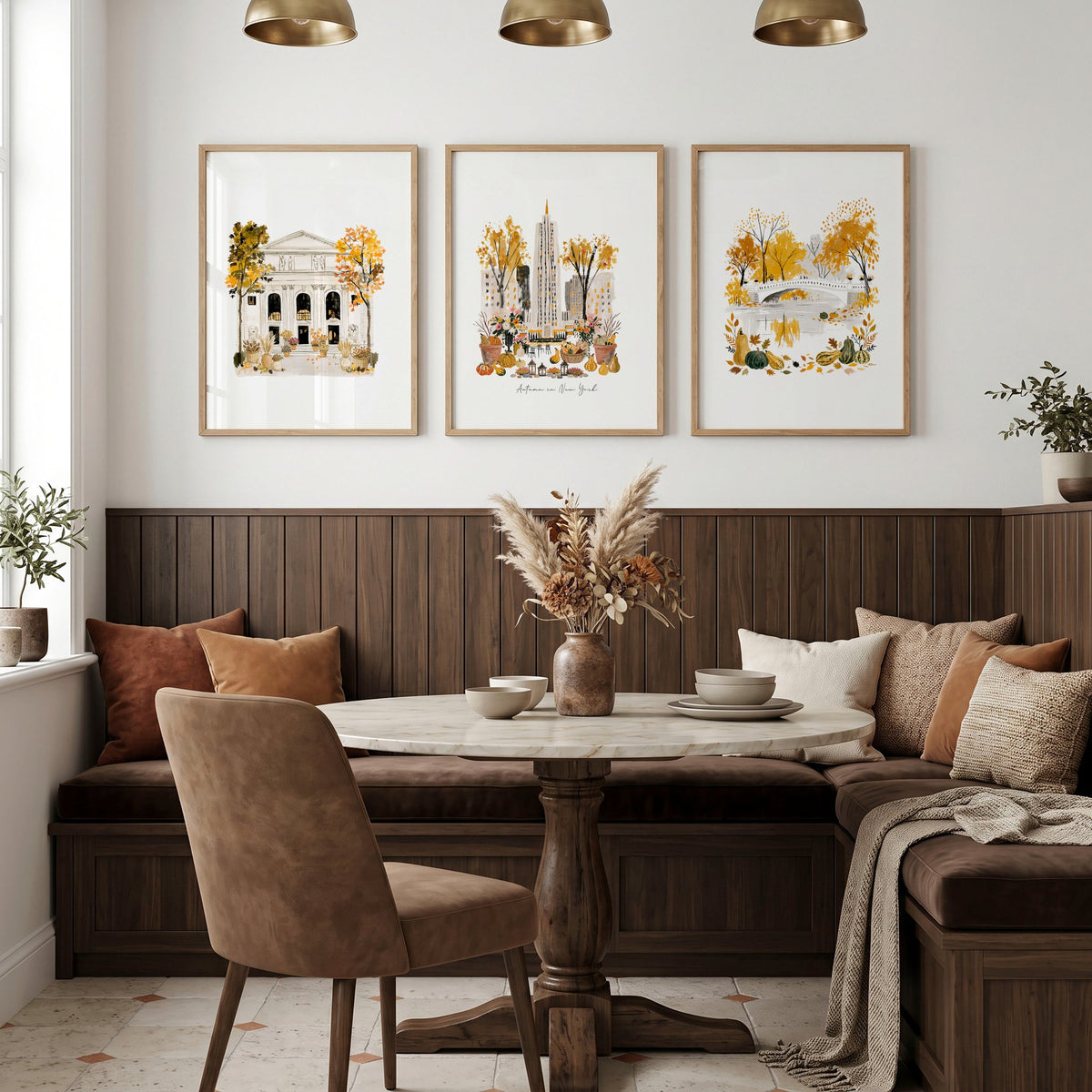 Framed Dining Room Wall Art "Autumn in New York" NYC Travel Watercolour Beige & Ochre displayed on a wall in a styled room — view 4