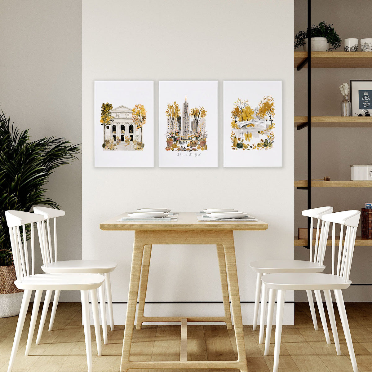 Framed Dining Room Wall Art "Autumn in New York" NYC Travel Watercolour Beige & Ochre displayed on a wall in a styled room — view 6