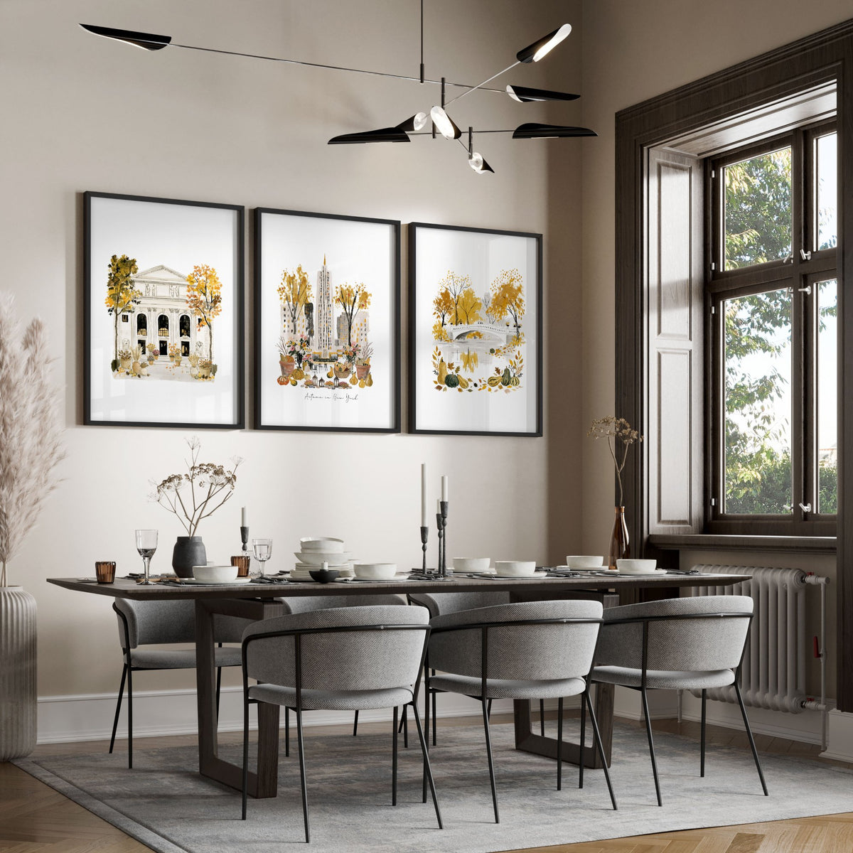 Framed Dining Room Wall Art "Autumn in New York" NYC Travel Watercolour Beige & Ochre displayed on a wall in a styled room — view 7