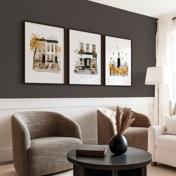 Framed New York Wall Art "Autumn in New York" Ochre Watercolour Travel wall art displayed on a wall in a styled room