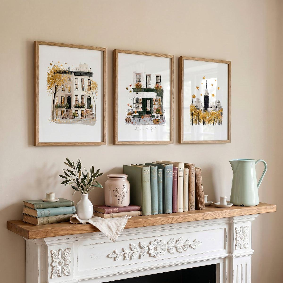 Framed New York Wall Art "Autumn in New York" Ochre Watercolour Travel wall art displayed on a wall in a styled room — view 3